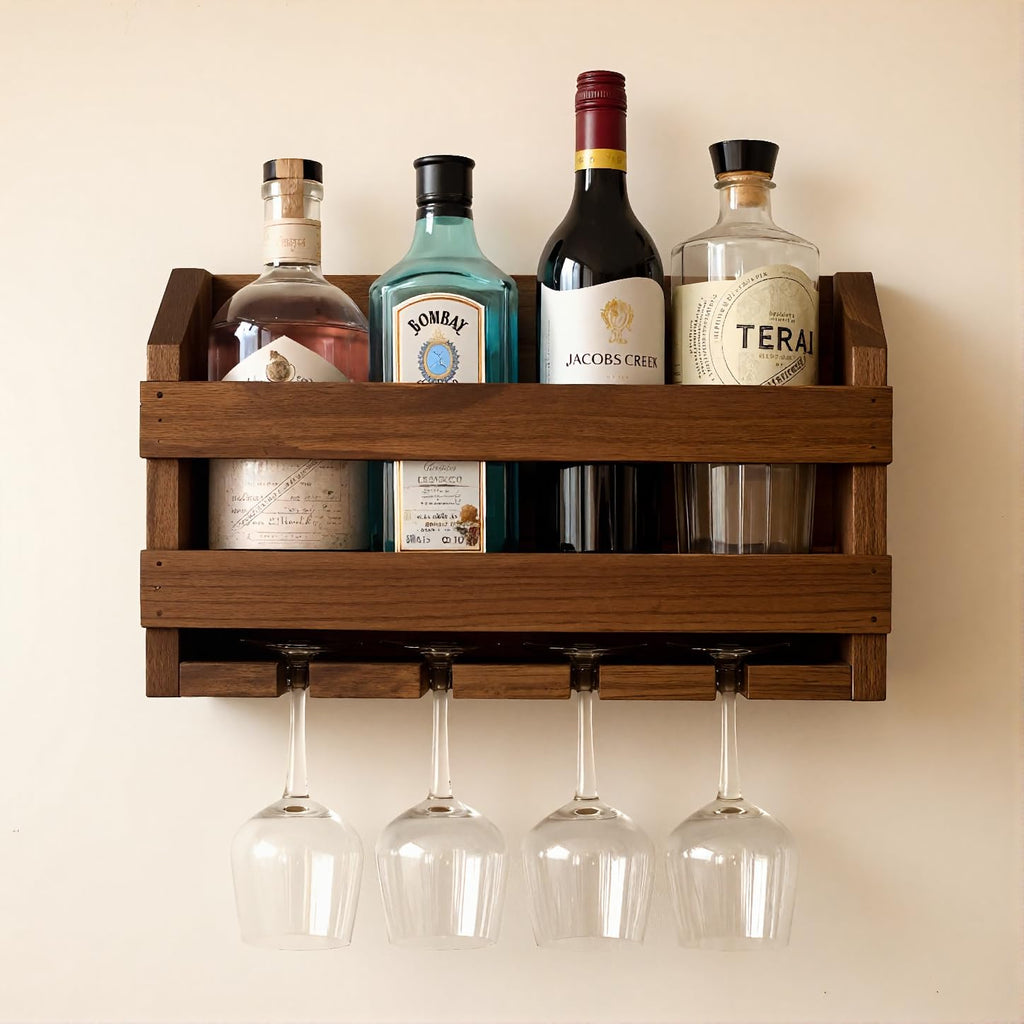 Wooden Wall Mounted Wine Rack with 4 Stemware Glass Holder | Solid Wood Wine Bottle Holder for Home Bar, Kitchen, Dining Room | Farmhouse Wall Decor