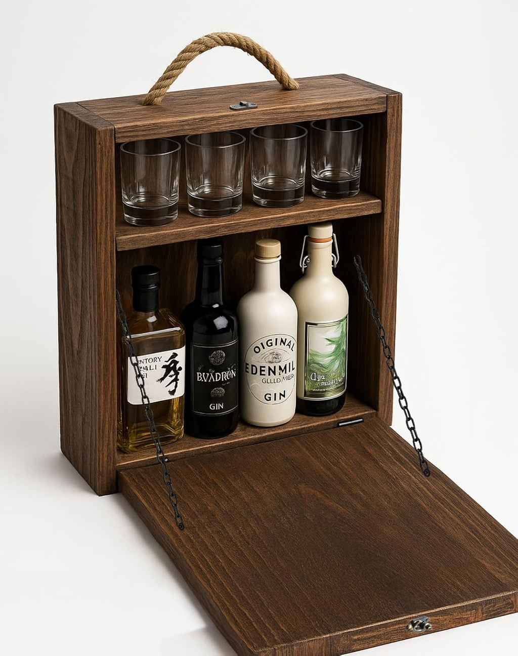 Wall Mounted Liquor Cabinet with Drop Down Table – Rustic Wood Murphy Bar with Glass Storage