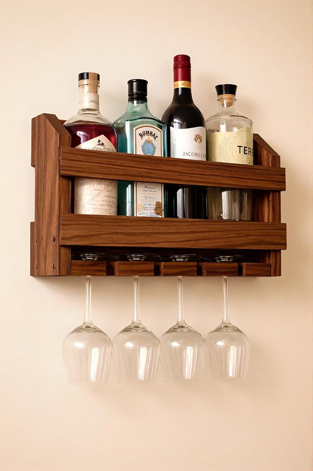 Wooden Wall Mounted Wine Rack with 4 Stemware Glass Holder | Solid Wood Wine Bottle Holder for Home Bar, Kitchen, Dining Room | Farmhouse Wall Decor