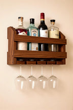 Wooden Wall Mounted Wine Rack with 4 Stemware Glass Holder | Solid Wood Wine Bottle Holder for Home Bar, Kitchen, Dining Room | Farmhouse Wall Decor