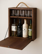 Wall Mounted Liquor Cabinet with Drop Down Table – Rustic Wood Murphy Bar with Glass Storage