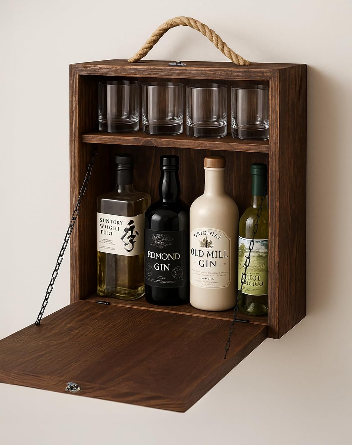 Wall Mounted Liquor Cabinet with Drop Down Table – Rustic Wood Murphy Bar with Glass Storage