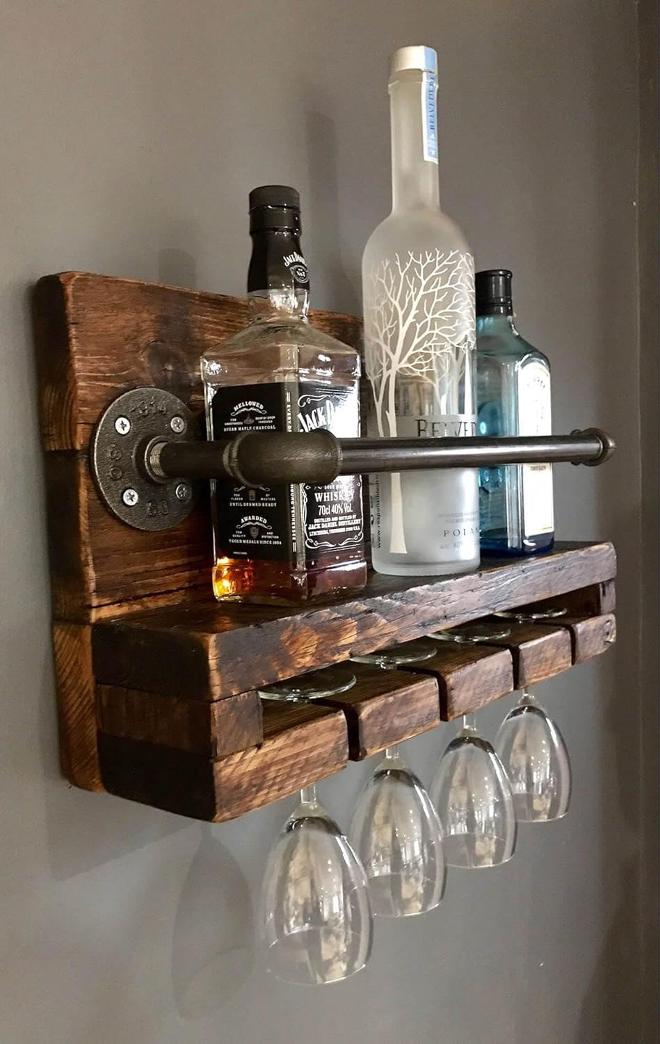 Rustic Wine Rack, Wall Mounted Wooden Shelf with Glass Holder, Industrial Pipe Design