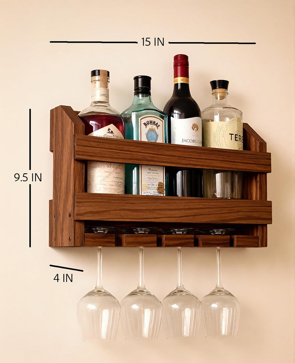 Wooden Wall Mounted Wine Rack with 4 Stemware Glass Holder | Solid Wood Wine Bottle Holder for Home Bar, Kitchen, Dining Room | Farmhouse Wall Decor