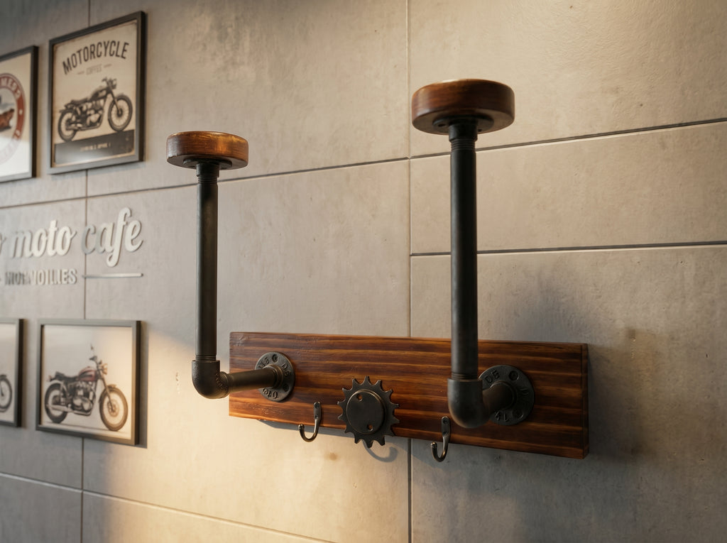 Twin Vintage Helmet Holder Wall Mount | Industrial Pipe Design Helmet & Jacket Hanger