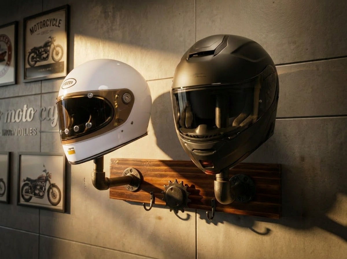 Twin Vintage Helmet Holder Wall Mount | Industrial Pipe Design Helmet & Jacket Hanger